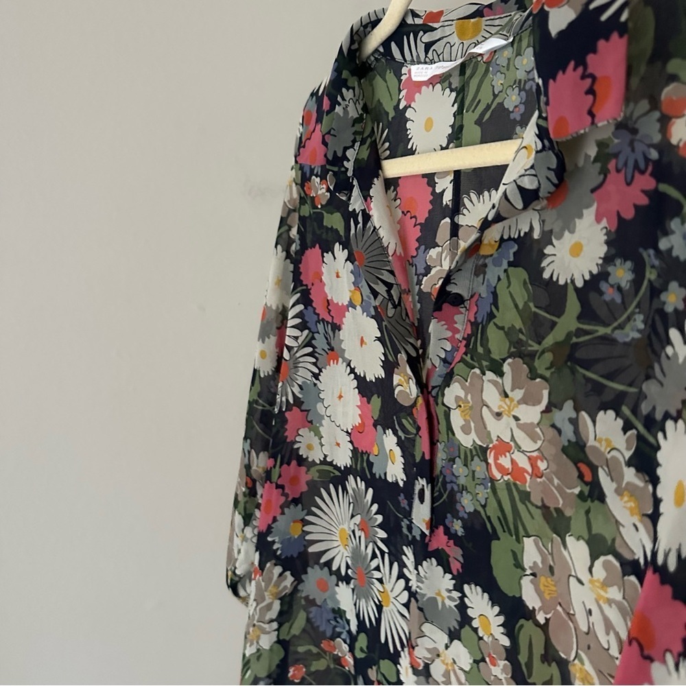 Zara Floral transparent boho blogger Midi Shirt Duster Dress Navy M - Picture 8 of 9